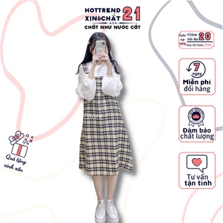 Set váy yếm họa tiết caro kèm áo dài tay bồng thời trang cá tính phong cách Ulzzang cực xinh đẹp | Nine-Teen Storee