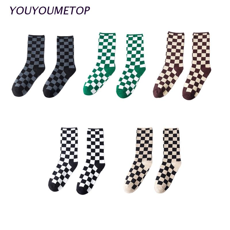 Vớ cotton họa tiết sọc caro phong cách Harajuku Hàn Quốc thời trang cho nam và nữ