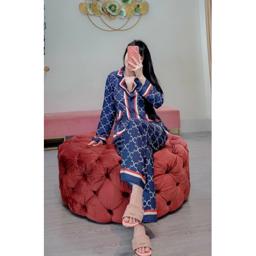 đồ bộ Pijama họa tiết gucci xanh ngắn tay, vải gấm xước dễ thương, siêu xinh mặc tại nhà cho nữ 40-62kg