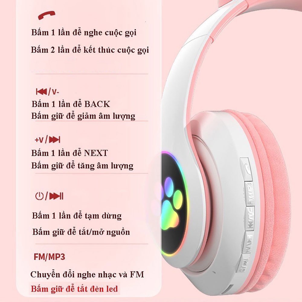 Tai Nghe Mèo Bluetooth Headphone Tai Mèo Chụp Tai Không Dây Có Mic Chống Ồn Âm Bass Pin Sạc 400mAh