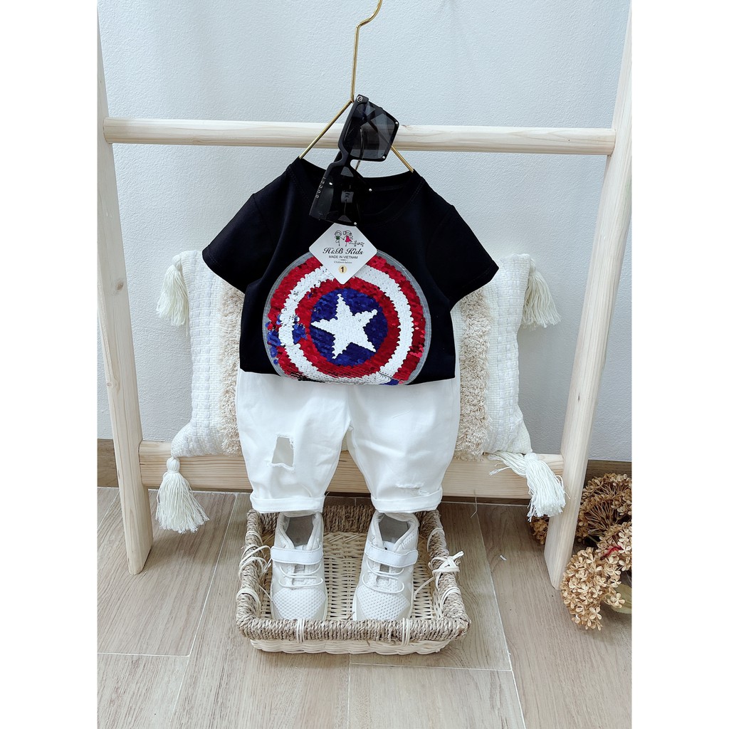 Set Bộ Siêu Anh Hùng Áo Thun Cộc Tay Phối Quần Kaki Lửng Cho Bé Trai 8-20Kg NamKidShop (V380)