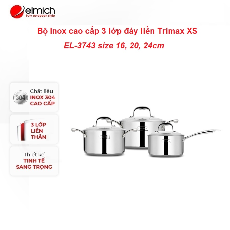 Bộ 3 nồi Inox 304 cao cấp 3 lớp đáy liền Trimax XS EL-3743 size 16, 20, 24cm