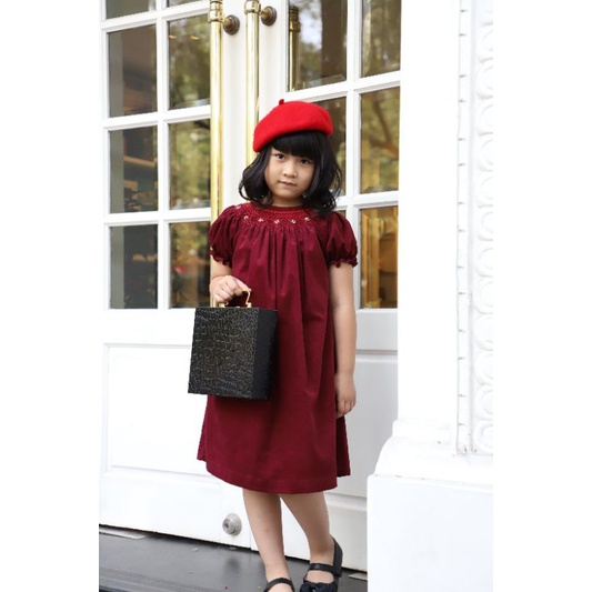 Váy smock nhung tăm cotton tay cộc bồng