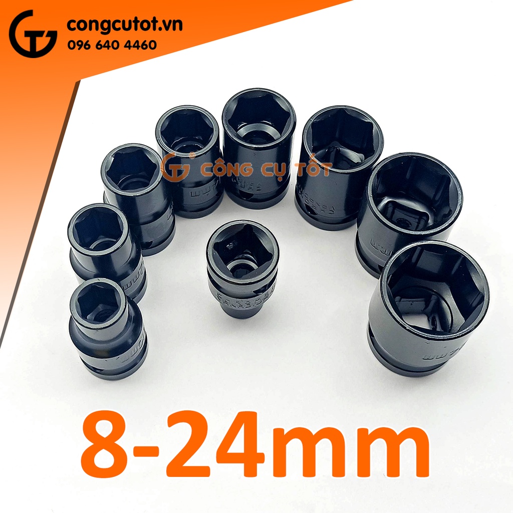 Bộ 9 khẩu vặn ốc 8-24mm 1/2inch cần cong si ĐEN hộp vàng