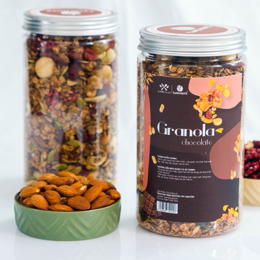 Granola ăn kiêng TANU NUTS hũ 500g chocolate, ngũ cốc 35% yến mạch mix hạt dinh dưỡng tốt cho gym, yoga.