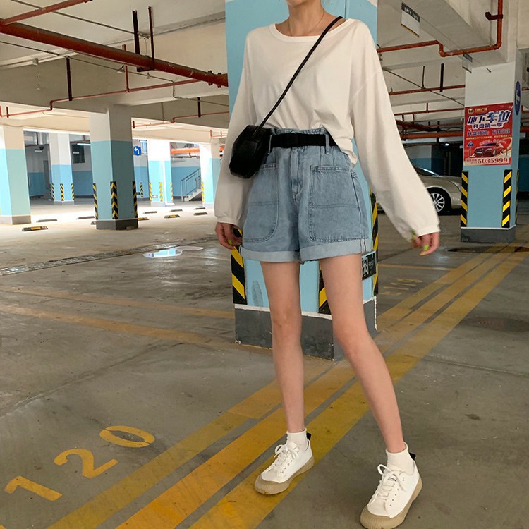 Quần Short Jean Nữ 2 Túi Bigtoe Ống Rộng Gập Gấu Lưng Cao Màu Xanh Nhạt - 513 | BigBuy360 - bigbuy360.vn