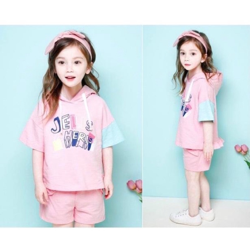 Bộ Hè Hoodie Bé Gái JELISPOON Hồng