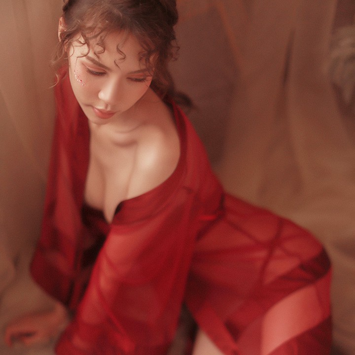 Áo choàng ngủ sexy xuyên thấu viền lụa cao cấp đồ ngủ màu đỏ quyến rũ