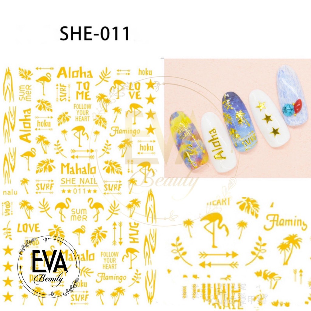 Decal Dán Móng Tay 3D Nail Sticker Hoạ Tiết Hồng Hạc Mahalo Nhũ Vàng SHE011