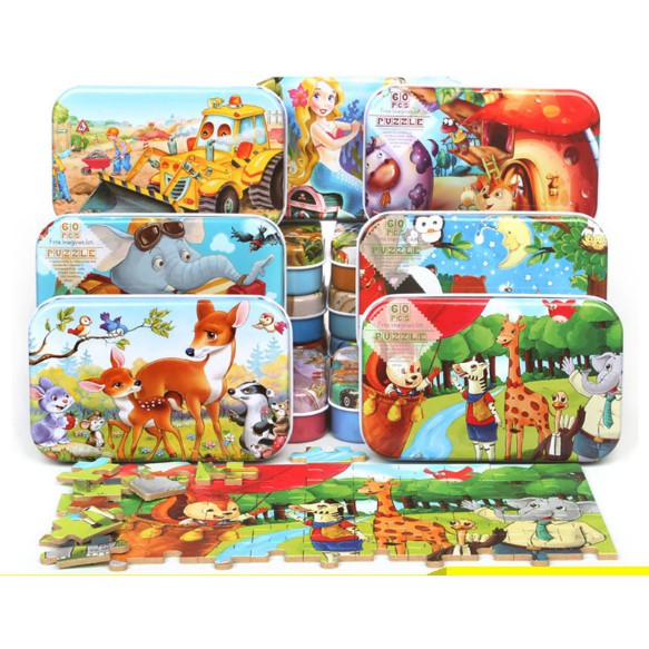 Đồ Chơi Tranh Ghép 60 Miếng Hộp Sắt Hình Đẹp, Xịn Xò - Chọn Mẫu - Cho Bé