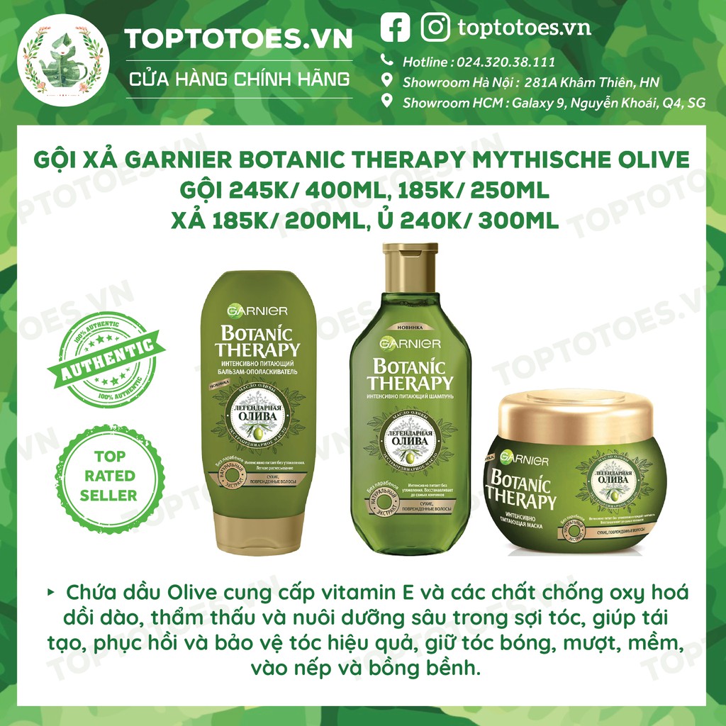 Gội xả ủ Garnier Botanic Therapy Mythische Olive phục hồi sâu tóc hư tổn, làm tóc bóng mềm