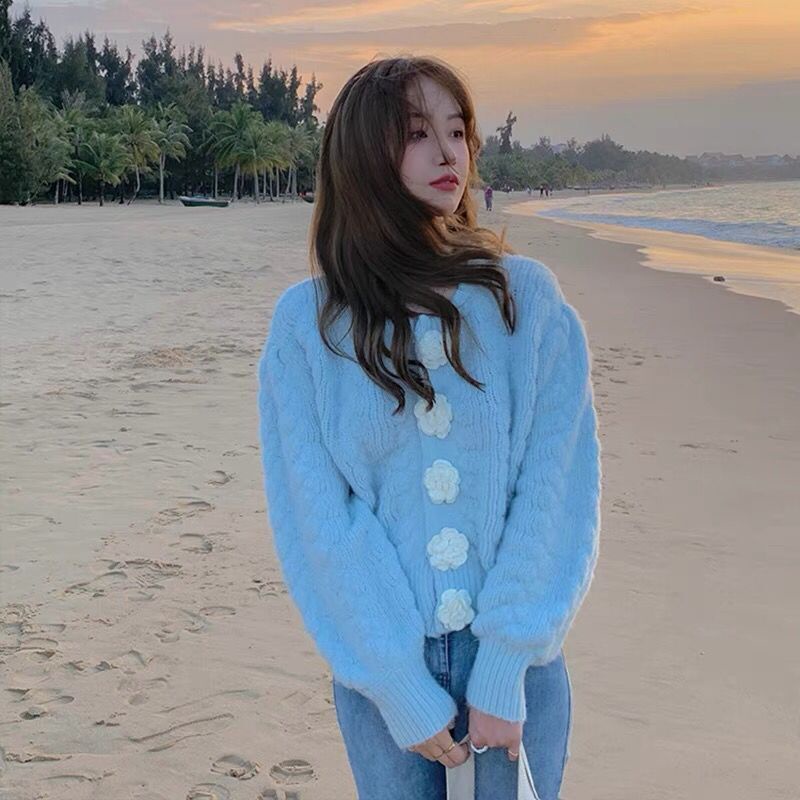 Áo Sweater Dệt Kim Màu Xanh Sữa Mềm Mại Phong Cách Nhật Bản Dễ Thương Cho Nữ