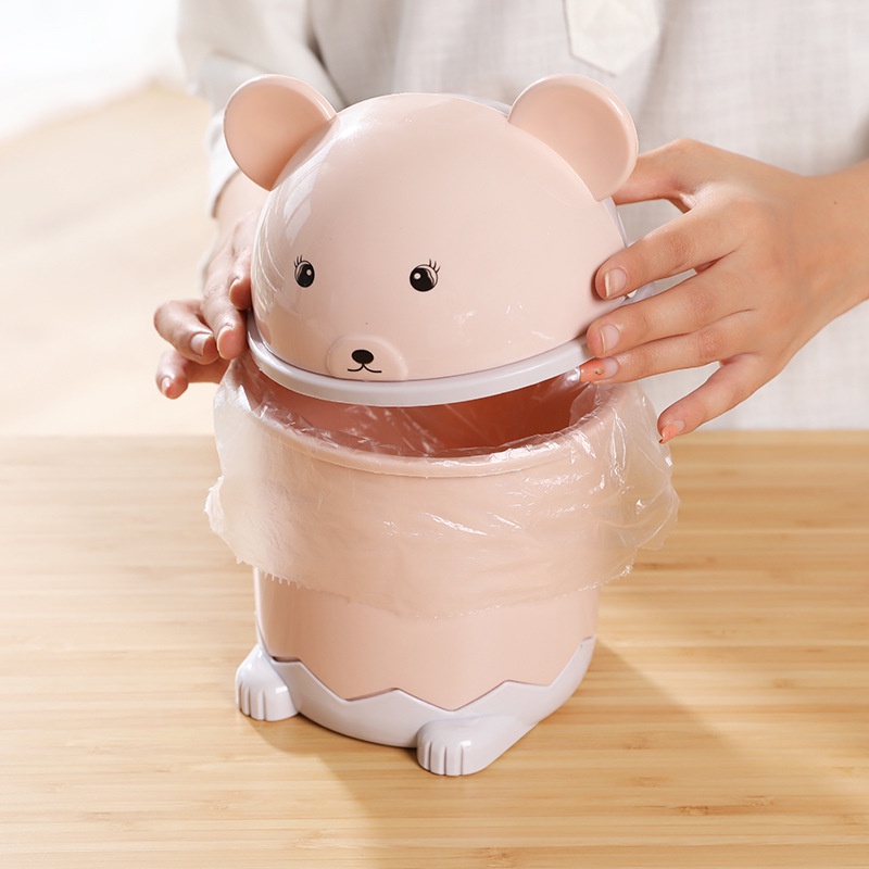 Thùng Rác Nắp Lật Bằng Nhựa Cỡ Nhỏ Để Bàn Phòng Khách / Văn Phòng Hoạt Hình Gấu Đáng Yêu