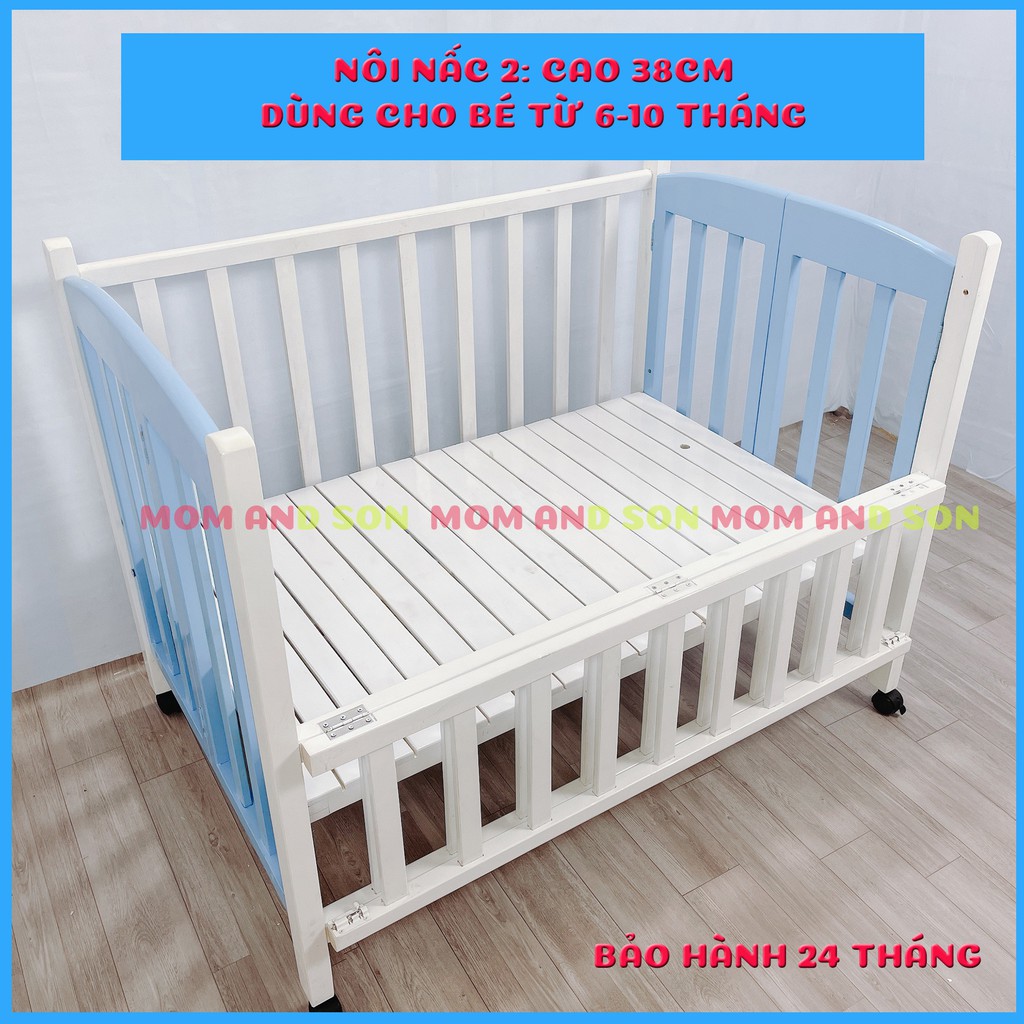 (Nhiều ComBo)Giường Cũi trẻ em (70x110x86 cm)-Gỗ Quế Tự Nhiên Xuất Khẩu Màu Trắng Xanh MOM AND SON - BH 24 Tháng