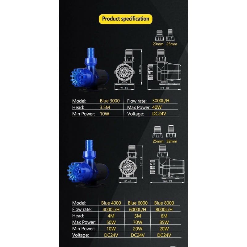 MÁY BƠM CAO CẤP DC CHO HỒ CÁ BIỂN VÀ NƯỚC NGỌT ZKSJ BLUE, ZKSJ BLUE 3000, 6000, 8000, 10000, 12000