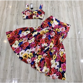 [ORDER TAOBAO](SẴN XANH ĐEN SIZE S) SET VÁY HOA CROPTOP CV XOÈ ĐI BIỂN