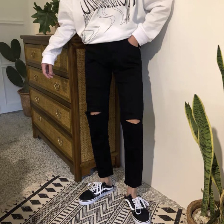[Co GIãn+Không Phai Màu]Quần Jean Rách Gối Nam Màu Đen Vải Không Phai Màu, Co Giãn Dáng Skinny Phong Cách Hàn Quốc-J02 | BigBuy360 - bigbuy360.vn