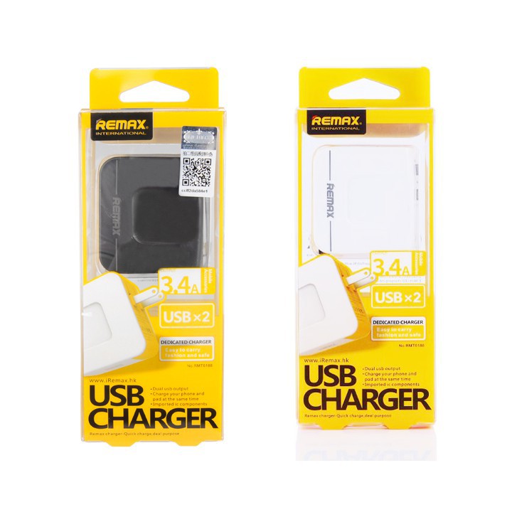 Cốc sạc Remax 3.4A 2 cổng USB gồm 1 cổng 2.4A và 1 cổng 1.0A phích cắm gập tiện lợi