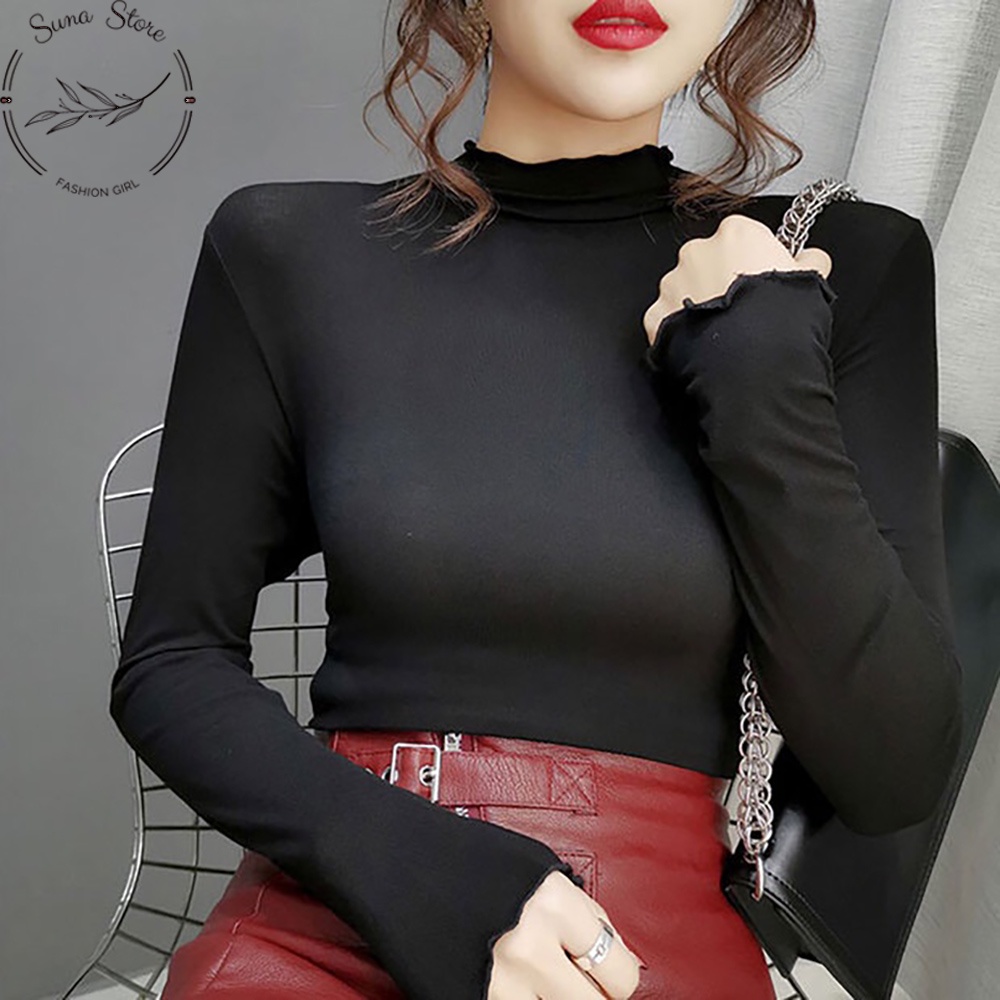 [Quà tặng là kẹo] Áo thun nữ tay dài cổ cao ôm body, Áo phông nữ có cổ len tăm SUNA FASHION từ 40-60Kg AT01 | BigBuy360 - bigbuy360.vn