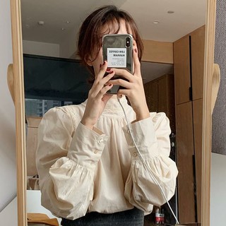 Áo sơ mi kiểu cổ cao 3 phân viền ren màu kem style Hàn