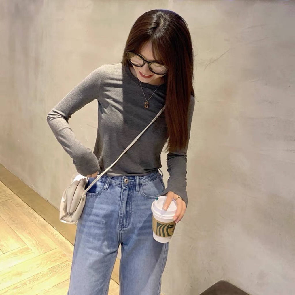 Áo thun dài tay cổ tròn co giãn siêu xinh