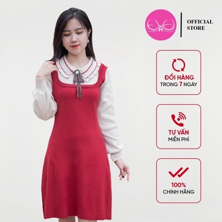 Váy công sở dáng A dài tay len tăm cổ nơ dây EvaLover