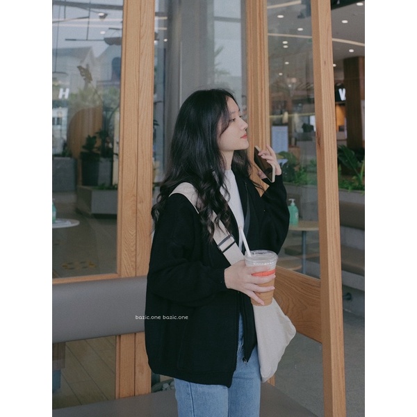 Áo khoác len khoá kéo có mũ, áo hoodie len ulzzang QC Bazic one