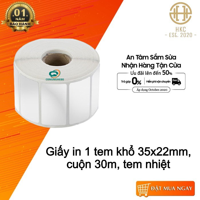 Giấy In Mã Vạch 1 Tem (Cuộn 1400 Tem) - Decal Nhiệt 1 Tem 35x22 mm, cuộn 30m