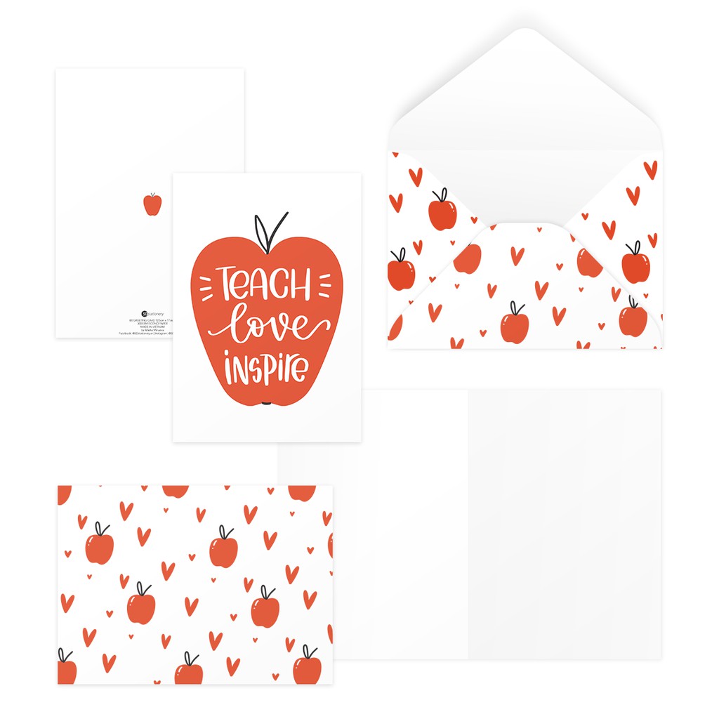 Thiệp 20/11 mừng thầy cô giáo viên ngày Nhà giáo TEACH LOVE INSPIRE 12,5x17,6 SDstationery APPLE quả táo typography