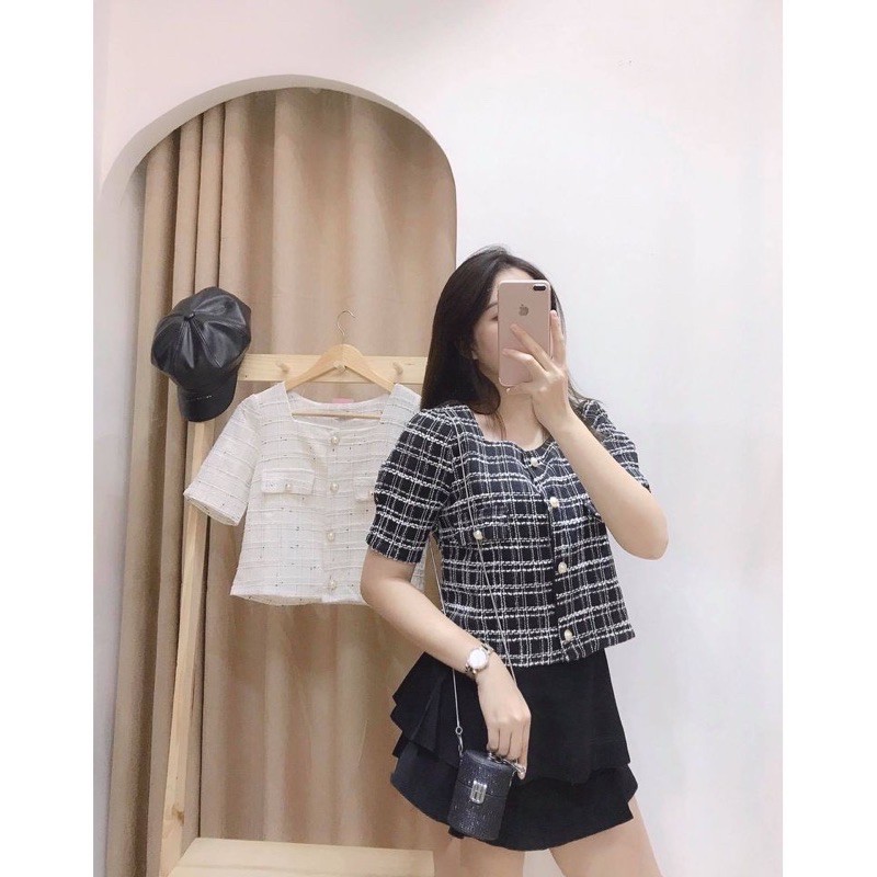 Áo khoác dạ ngắn kẻ đen cổ  | BigBuy360 - bigbuy360.vn