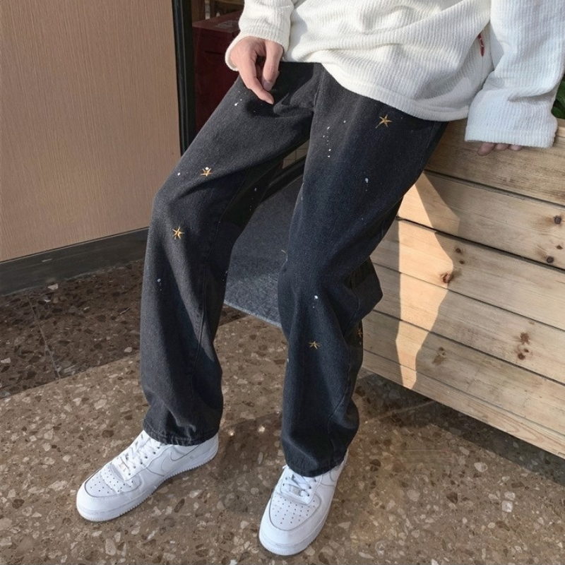 Quần Jean Ống Rộng Thêu Họa Tiết Ngôi Sao Cá Tính Trẻ Trung Dành Cho Nam