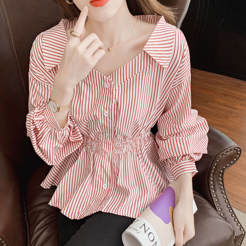 Áo Sơ Mi Dài Tay Phồng 112045 Áo Sơ Mi Hàn Quốc Thời Trang Phương Tây Thắt Eo Giảm Giá Thời Trang
