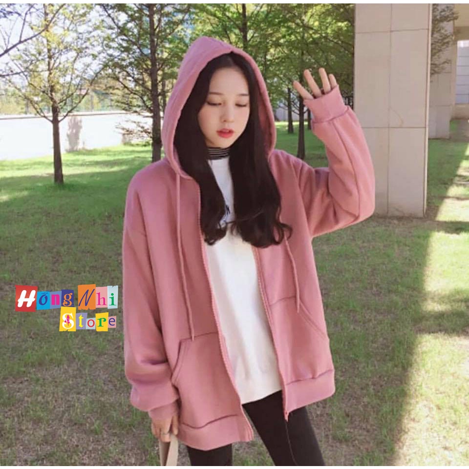 Áo Khoác Hoodie Zip Trơn Oversize Ulzzang Unisex Hoodie Dây Kéo Màu Hồng Ruốc Dáng Rộng - MM