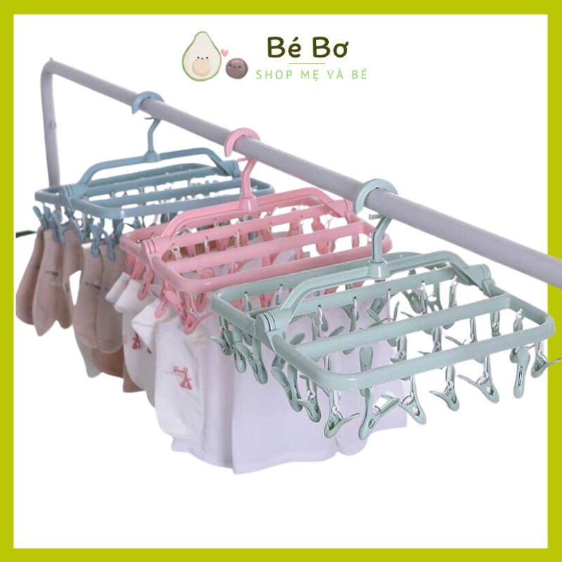 Móc chùm nhựa 32 kẹp gấp gọn tiện lợi, Móc treo quần áo nhựa phơi đồ phơi tất trẻ em đa năng gấp gọn Bé Bơ Store