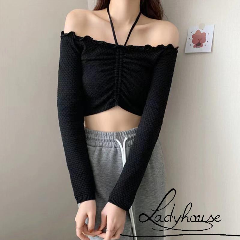 Áo Dệt Kim Ngắn Mỏng Vừa Vặn Cổ Treo Thiết Kế Dây Rút Thời Trang Mùa Thu Mới Cho Nữ