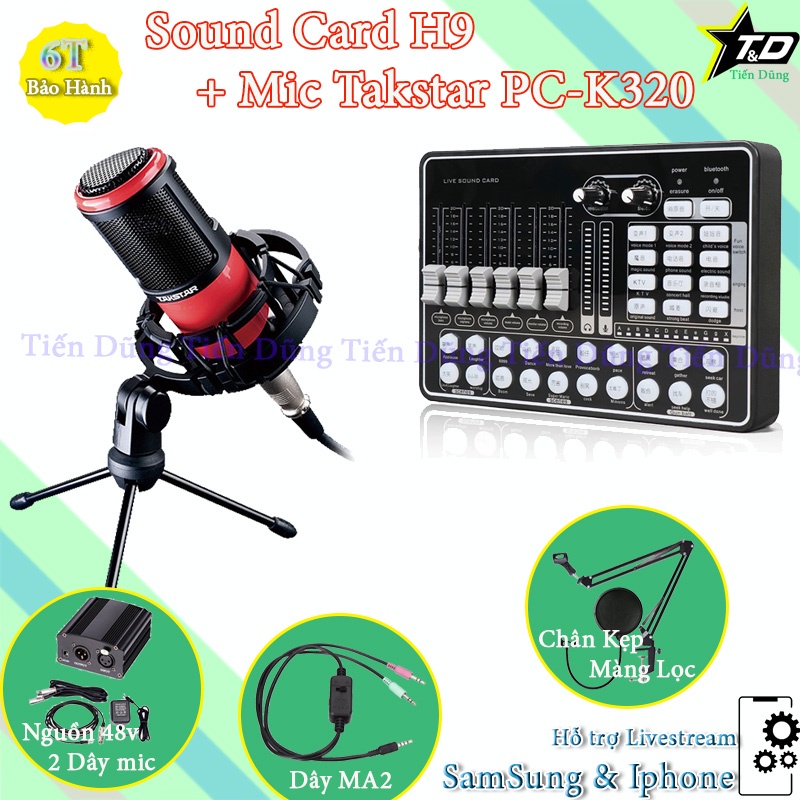 COMBO Mic Thu Âm Takstar K320 và Sound Card H9 Nguồn 48v 2 Dây Mic Chân Kẹp Màng Lọc Dây Livestream MA2