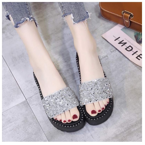 (SALE SỐC) Dép Nữ Quai Ngang Đế Xuồng Đính Cườm Cao 7Cm