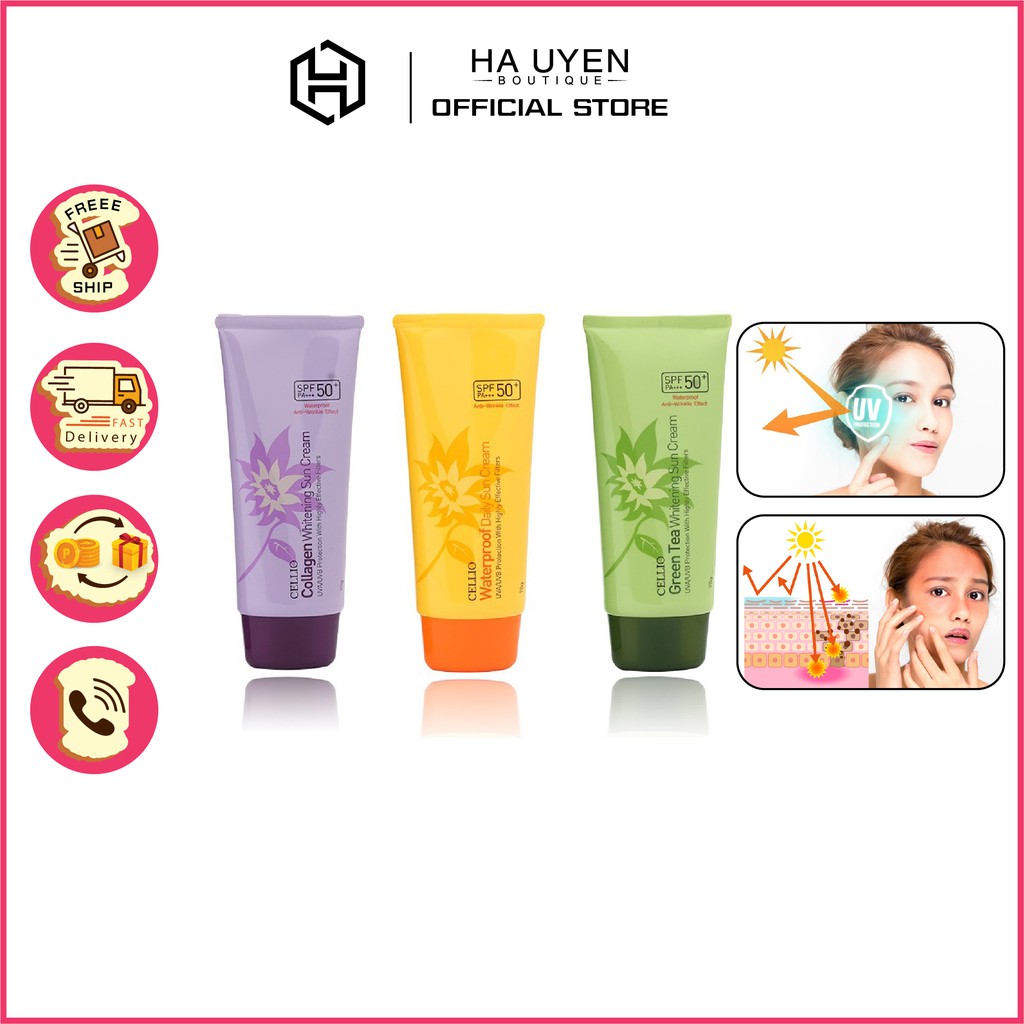 Kem Chống Nắng CELLIO , Green Tea , Collagen , waterproof  SPF 50 PA+++  70g [ CHÍNH - HÃNG ] | BigBuy360 - bigbuy360.vn