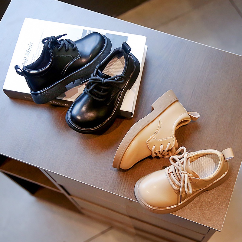 Giày Da PU Mũi Tròn Cột Dây Màu Trơn Phong Cách Anh Quốc Cổ Điển Thời Trang Mùa Xuân 2022 Cho Bé Trai Và Gái