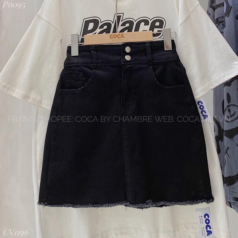 [Mã FAXANH55 giảm 10K đơn 50K] [CV1196]🎧 Chân váy bò đen cạp cao 2 cúc vải co giãn tôn dáng (Có sẵn/ảnh thật)