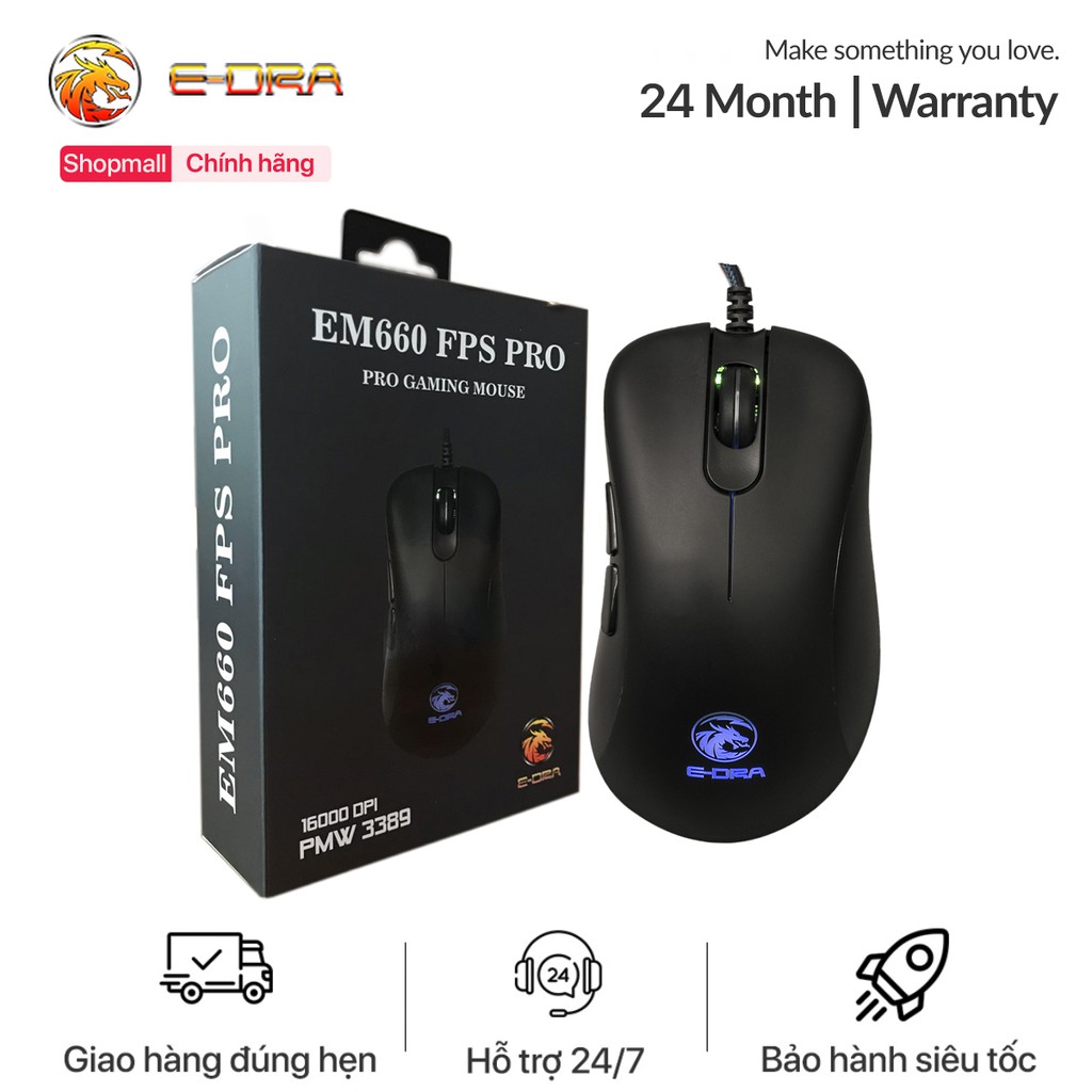 Chuột chơi game có dây E-Dra EM660 Pro FPS Black - Màu đen - Led Rgb - Độ phân giải 16000 DPI - Phần mềm tùy chỉnh