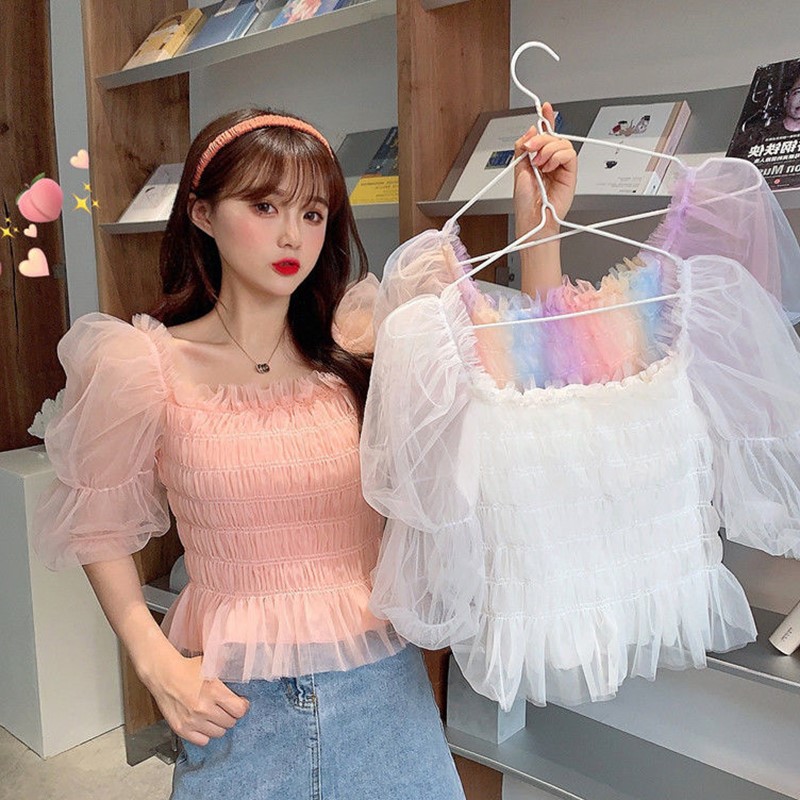 Áo Voan Tay Bồng Màu Sắc Cầu Vồng Dễ Thương/ Áo Cổ Vuông Babydoll Co Dãn Tay Lưới A00056