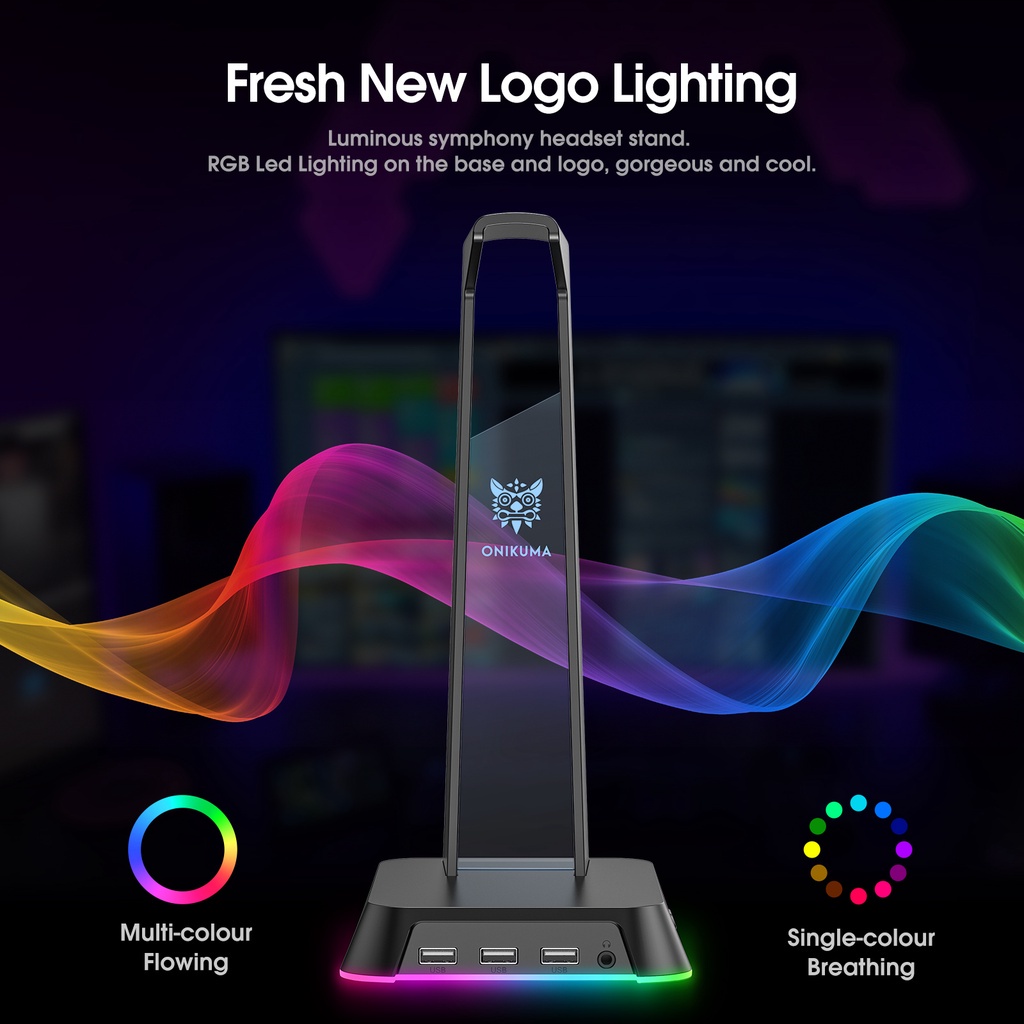 Chân đế tai nghe chơi game onikuma st2 rgb, chân đế màn hình để bàn, dấu hiệu được chiếu sáng với 3 cổng usb và 3,5 mm aux