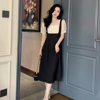Đầm midi tay phồng cổ vuông xinh xắn theo phong cách hàn quốc