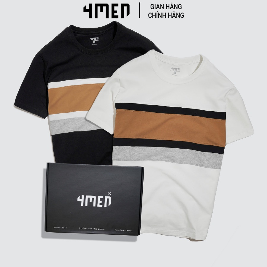 Áo thun nam ngắn tay đẹp 4MEN AT060 cổ tròn, form regular, vải cotton cao cấp co giãn, phối màu trẻ trung