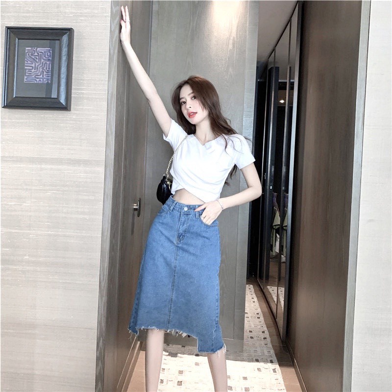 Chân Váy Jean Cạp Cao Rách Gấu Phong Cách Ulzzang - A5