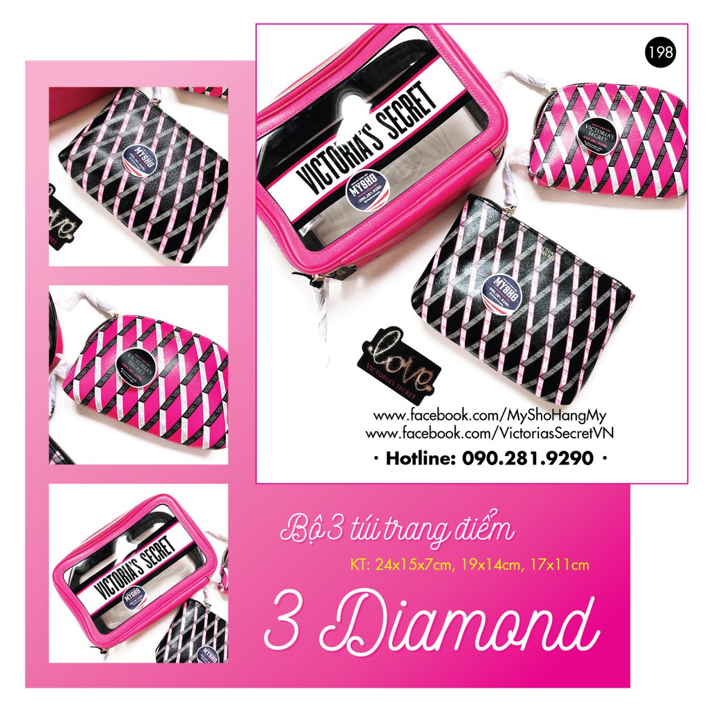 Bộ 3 túi trang điểm môi hoạ tiết khối diamond cá tính (198) - Hàng nhập Pink, Victoria's Secret USA
