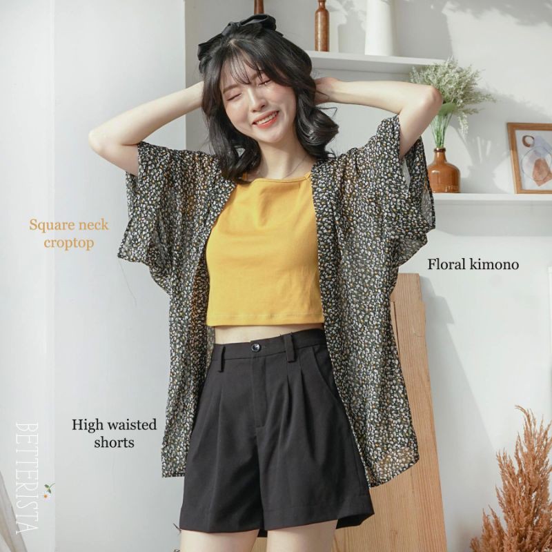 Áo khoác Kimono Đen Hoa Nhí Trắng