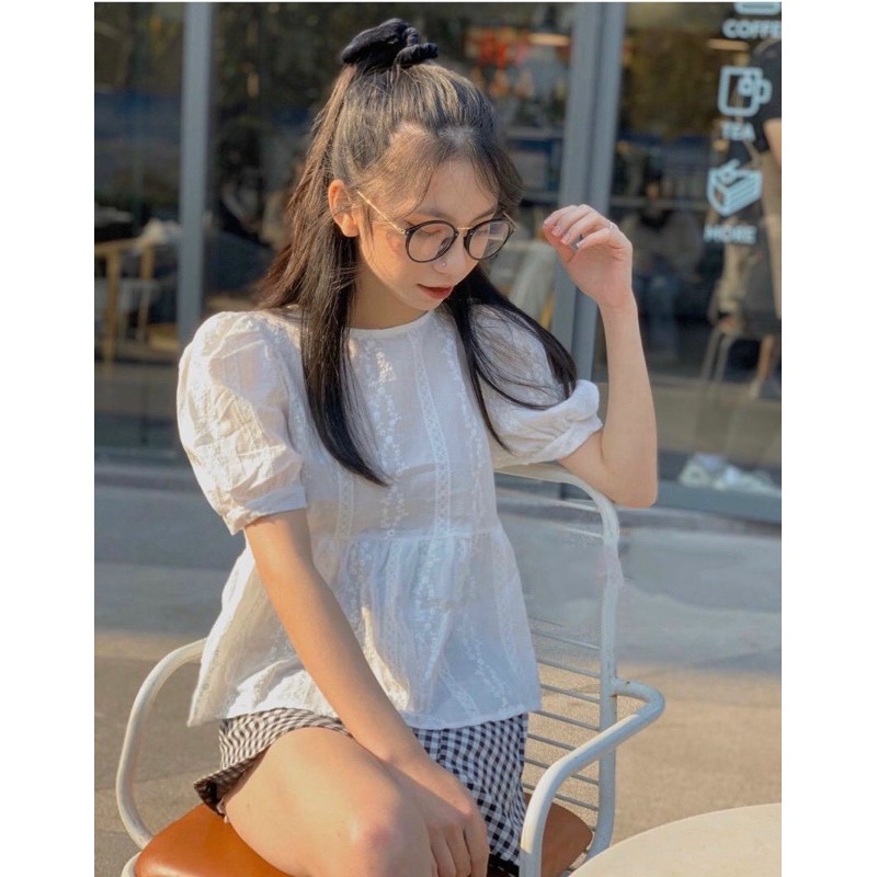 Set áo bbdoll nơ lưng và chân váy xẻ tà caro siêu xinh kèm ảnh thật