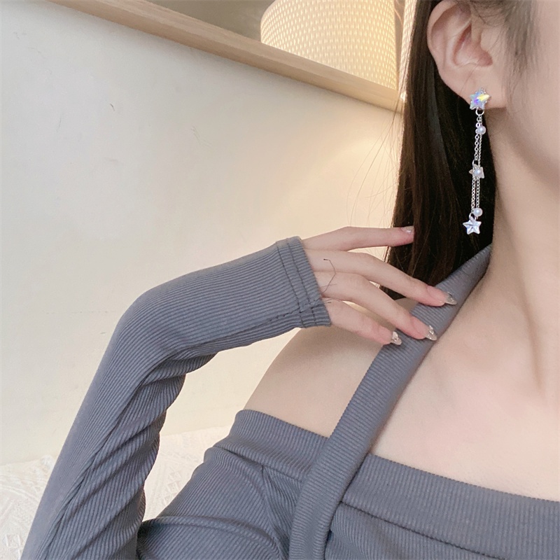 Khuyên tai kẹp không bấm lỗ chốt cố định K061 bằng hợp kim mạ bạc hình ngôi sao dáng dài Leous Accessories